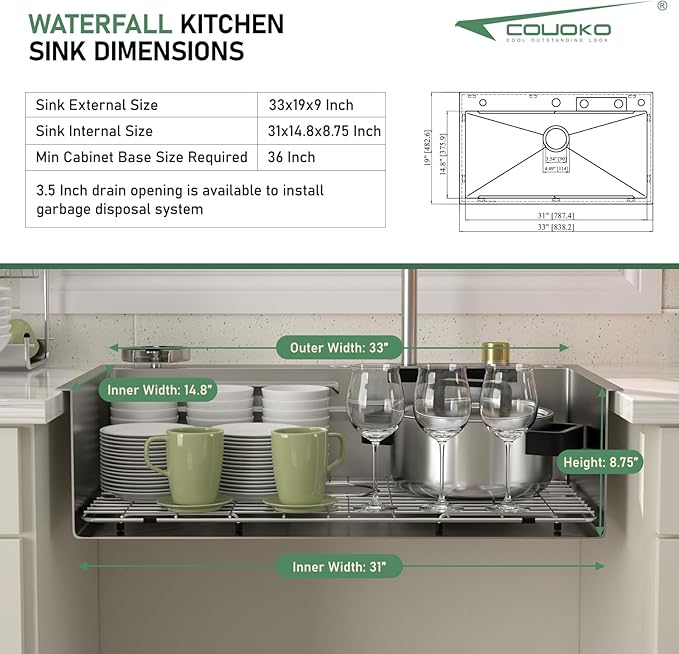 33 Inch Drop In Waterfall Kitchen Sink Workstation Smart 16 Gauge Stainless Steel Single Bowl Waterfall Sinks with Waterfall Faucet Combo and Cup Washer Set