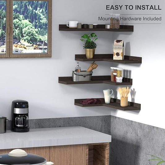 4 Tier Corner Floating Shelves Set of 4, Rustic Pine Corner Shelves for Wall Storage and Decor, L-Shaped Corner Wall Mounted Shelf for Bedroom, Living Room, Bathroom, Kitchen – Dark Brown