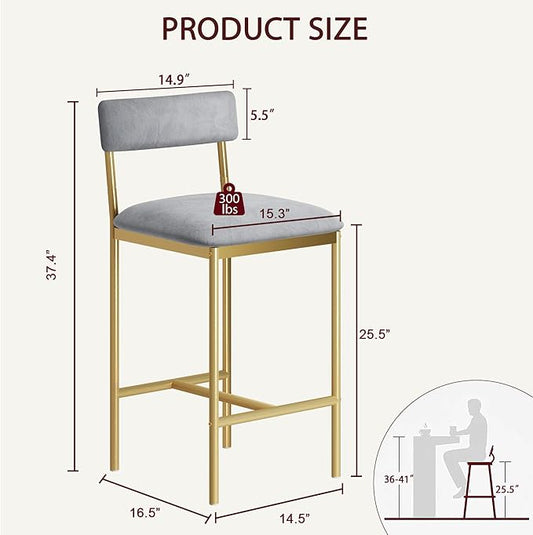TrailBlaze Set of 2 Upholstered Bar Stools with Backrest & Footrest, Counter Height Dining Chairs, Thick Cushions - Modern Soft Fabric Grey and Gold - Kitchen Island, Dining Room, Bar - Easy Assembly