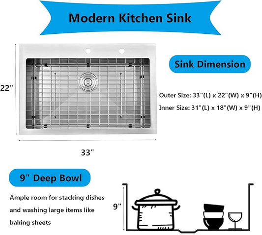 33"x 22" Drop in Stainless Steel Kitchen Sink, Brushed Nickel Top mount Kitchen Sinks, 18 Gauge Handmade Single Bowl Large Basin With Dish Grid and Basket Strainer