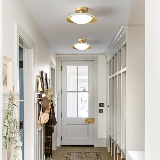 Small Dimmable Mid Century Modern Ceiling Light,5CCT LED White Gold Semi Flush Mount Ceiling Lamp,for Hallway Entryway Bedroom Laundry Room Kitchen Light Fixture 2700K-6000K,11.81 in