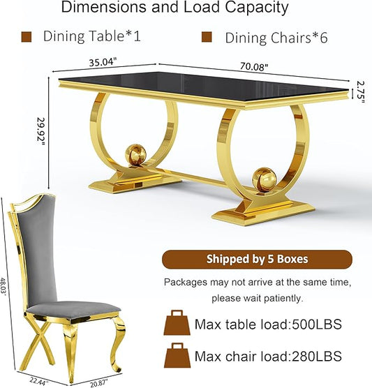 7-Piece Modern Luxury Dining Table Set, 70" Black Tempered Glass Dining Table with Gold Polished Stainless Steel U-Shaped Pedestal Base, 6 Gray Velvet X-Leg Dining Chairs, for Dining Room