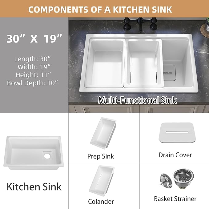 White Undermount Kitchen Sink 30 x19 Granite Composite Kitchen Sink Single Bowl Deep Drop-in Undermount Workstation Sink with Accessory Kit