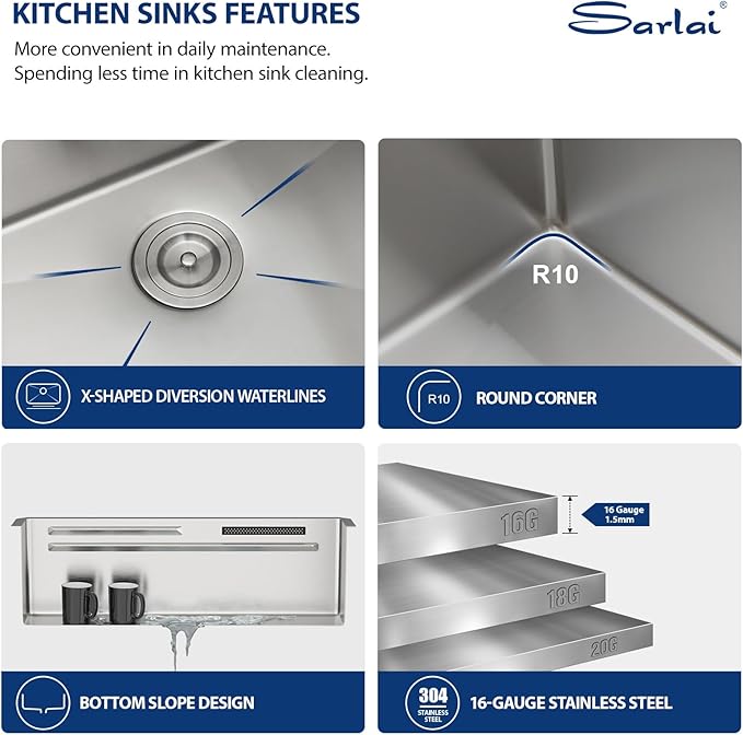 Sarlai 33 Inch Waterfall Kitchen Sink - Undermount Kitchen Sink With Waterfall Ledge Workstation Stainless Steel 16 Gauge Multifunction Single Bowl Under Mount Sinks Basin with Faucet