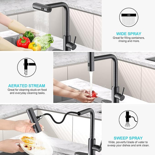 AVSIILE Kitchen Faucets with Pull Down Sprayer & Soap Dispenser, Single Hole & Handle, Oil Rubbed Bronze, Pull Out Tap, Stainless Steel Waterfall Sink Faucet Suitable for Farmhouse Camper Laundry Rv