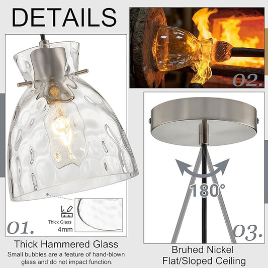 5.9“ Small Brushed Nickel Pendant Lights Kitchen Island, Hammered Glass Pendant Light Fixtures, Adjustable Mini Hanging Lights Kitchen Pendant Lighting over Island Sink Bathroom Dining Room Bedroom