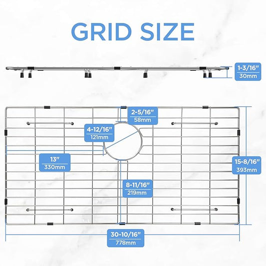 Sanycasa Stainless Steel Kitchen Sink Grid – 30-5/8” x 15-1/2” Sink Protector for Single Bowl Sinks – Rear Drain with Corner Radius 3/8", Durable Sink Grate & Drying Rack for Glassware