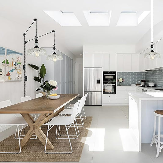 CVKASH Plug in Glass Pendant Light Fixture Black Vintage Adjustable Chandelier Hanging Ceiling Light for Farmhouse Hallway Bedroom Foyer Kitcken Dining Room Island.