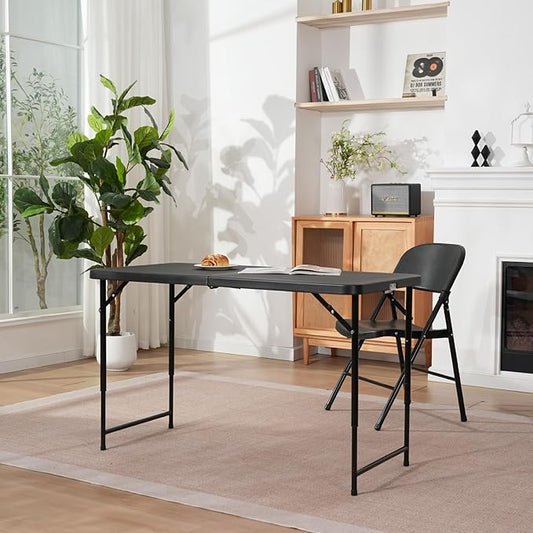 4ft Folding Table with Adjustable Height, 3-Level Foldable Table with HDPE Top & Steel Legs, Portable 4 Foot Folding Table for Picnic, Party, Craft, Indoor Outdoor Use, Black