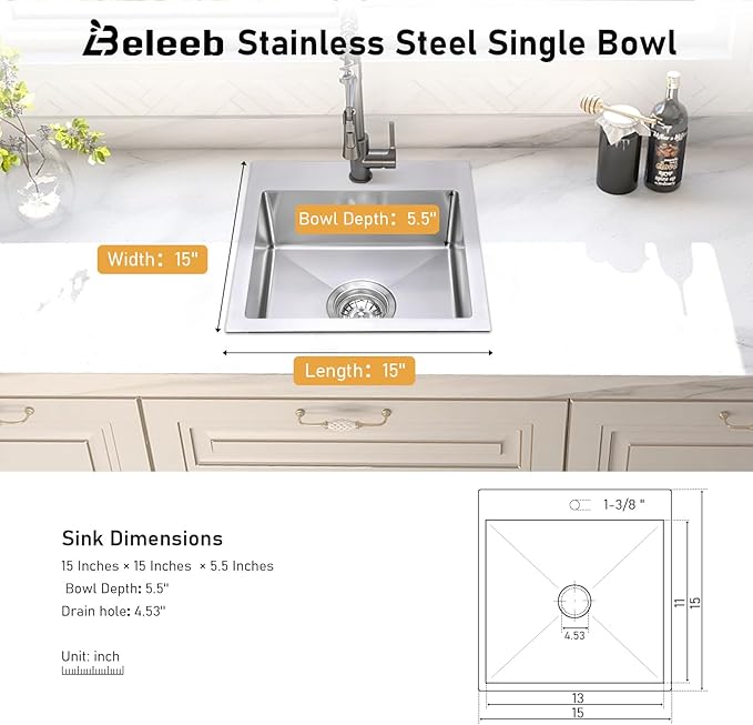 15 Inch Drop In Bar Sink,18-Gauge Small Kitchen Sink Stainless Steel with 3D Embossed Texture,Single Bowl Square Design