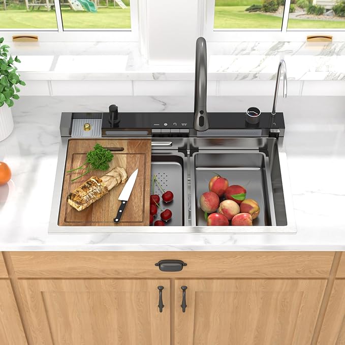 Smart Waterfall Kitchen Sink 30 Inch, Drop In Stainless Steel Single Bowl Workstation Sink with Pull-Down Faucet, Cup Washer & Multi-Function Spray #TLWF-0025