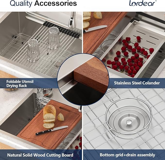 Lordear 33x22 Inch Waterfall Kitchen Sink Drop In T304 16 Gauge 33x22 Workstation Stainless Steel Single Bowl With Pull Out Faucet Set, Integranted Control Temp & Functions,33x22x10 Inch