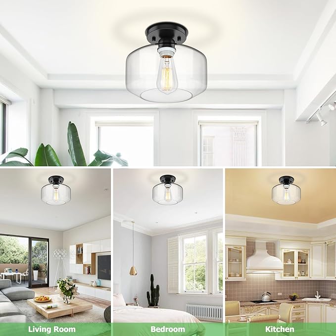 TOBUSA Semi Flush Mount Ceiling Light 2 Pack, Industrial Ceiling Light Fixture with Clear Glass Pendant Lamp Shade, Farmhouse Hallway Light Fixtures for Porch Kitchen Bedroom, E26 Bulbs Excluded