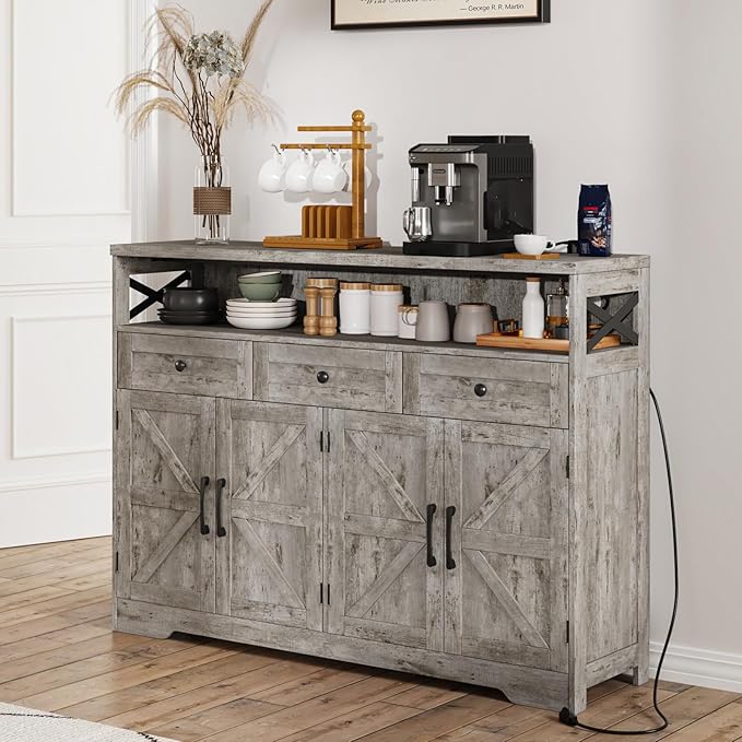 51" Farmhouse Buffet Sideboard Cabinet with Drawers and Barn Doors, Storage Cabinet with Shelf, Kitchen Pantry Cabinet Hutch, Coffee Bar Station for Kitchen, Dining, Living room, Washed Grey