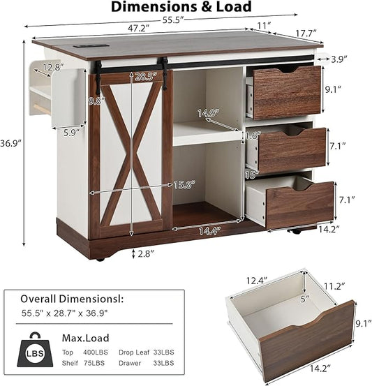 Ball & Cast Farmhouse Kitchen Island with Drop Leaf & Barn Door,Rolling Kitchen Cart on Wheels with Power Outlet,3 Large Drawers,Adjustable Shelf & Spice Rack,for Home,Kitchen,Dining Room,White,56"