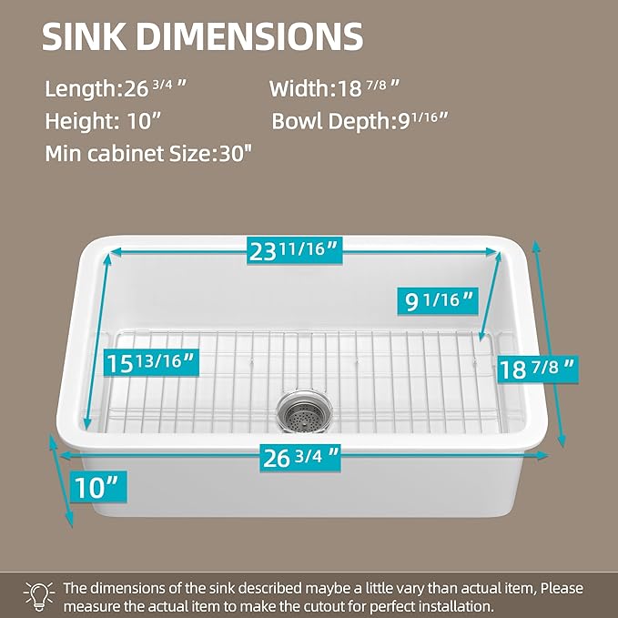 TUKTUK White Undermount Kitchen Sink 27 Inch Fireclay Drop-in Deep & Modern Farm Sink Large Single Bowl Topmount Accessory Kit Included