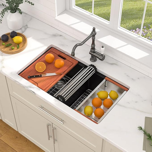 Dcolora 33 Inch Granite Composite Kitchen Sink Black Ktichen Sink Workstation 50/50 Double Bowl Quartz Under Counter Sinks Classic Matte Black 33“×19"×10,#DC-GX3328