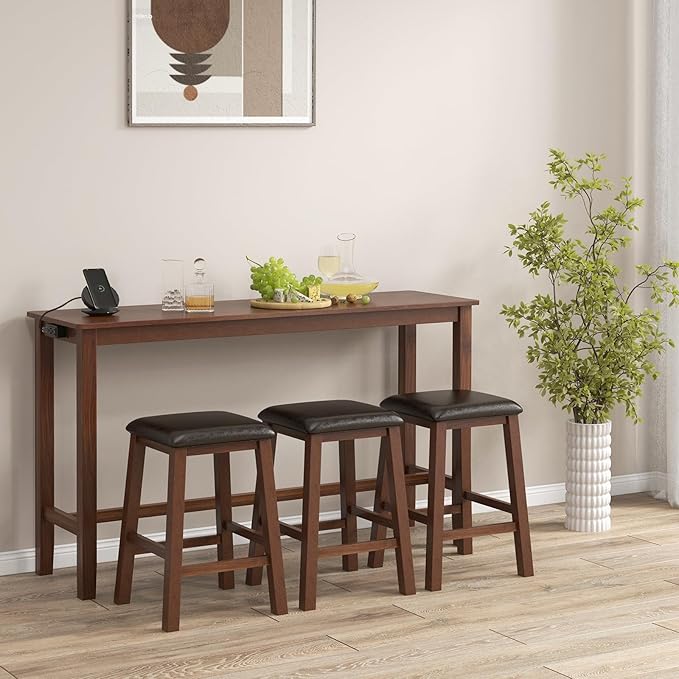 Giantex Dining Table Set, Kitchen Table Set, 4-Piece Counter Height Dining Set with 3 Upholstered Stools, Power Socket, Bar Table and Chairs Set for Small Space, Living Room, Dining Room Table Set