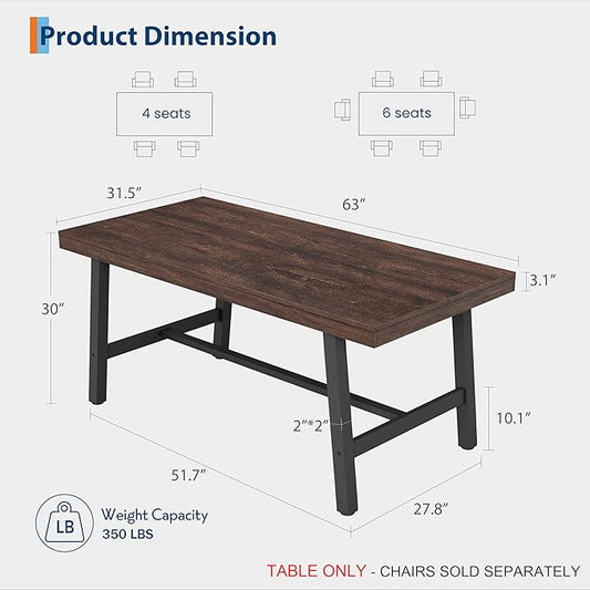GarveeHome 63 Inch Apartment Kitchen Table for 4-6 People, Industrial Rectangular Table for Dining Room, Heavy Duty Metal Frame, Dark Rustic Birch