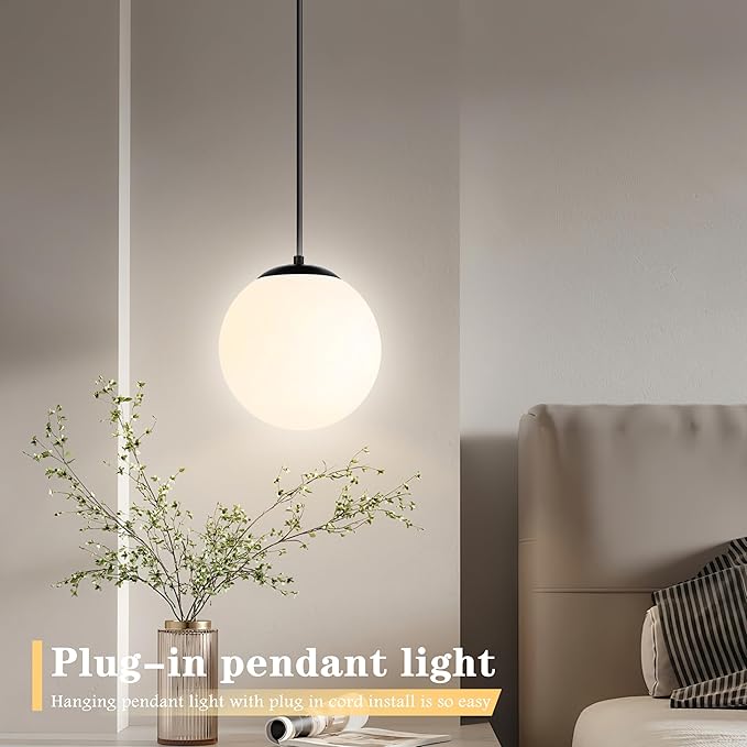 KoKo&Yukina 8" Globe Pendant Light Black Plug in Pendant Light Adjustable Hanging Lights with Plug in Cord Matte Black Finished with Milk Glass Lampshade for Bedroom Kitchen Island(Bulb Included)
