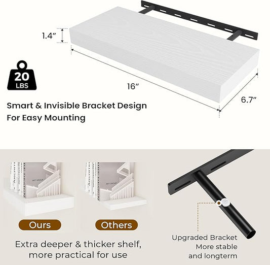 Dreamland 16 Inch Long Floating Shelves in White,6.7 Inch Deep Floating Shelf for Wall,Large Display & Storage Shelf, Wall Shelf for Bathroom Bedroom Living Room Kitchen Office,Set of 2