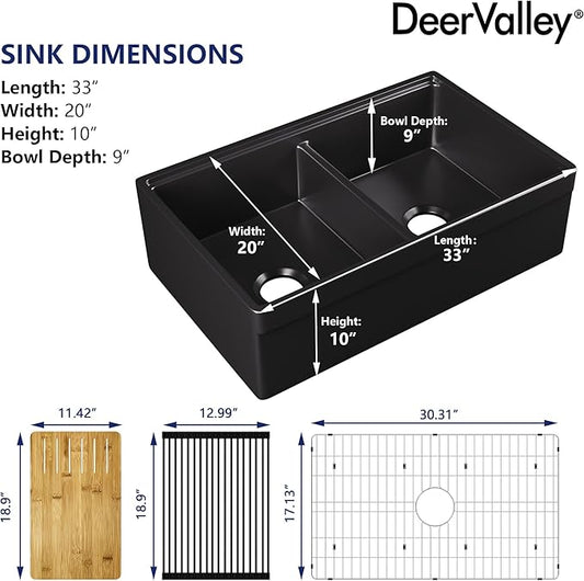 DeerValley 33 inch Workstation Kitchen Sink, Black Fireclay Farmhouse Sink, Double Bowl Apron Front Deep Drop-in Undermount Sink with Workstation Accessories
