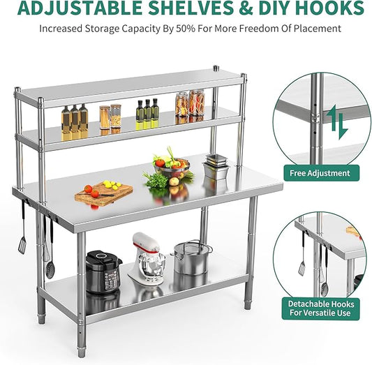 YITAHOME NSF Stainless Steel Table with Overshelves, 48" X 24" Work Table with 48" X 12" Shelf, Metal Table Prep Table for Home Kitchen Restaurant Garage Warehouse