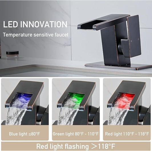 AVSIILE LED Bathroom Sink Faucet, Oil Rubbed Bronze Waterfall Single Hole Handle Vanity Faucets for Sinks 1 Hole with Metal Pop Up Drain and 2 Water Supply Lines, Side Handle