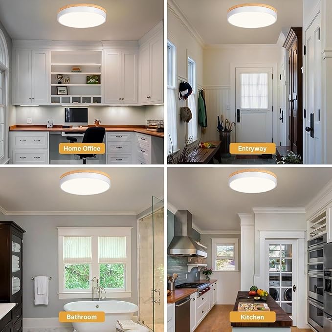 Modern Wood Flush Mount Ceiling Light, White LED 5CCT 2700K-6000K Dimmable Ceiling Light Fixtures, Round Close to Lighting Fixture for Kitchen Living Room Dining Room Bedroom-15.8in