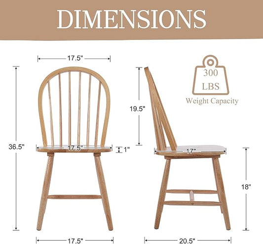 chairus Natural Windsor Dining Chairs Set of 2, Farmhouse Wooden Dining Room Chairs with Spindle Bow Back, Modern Cottage Oak Side Kitchen Chairs