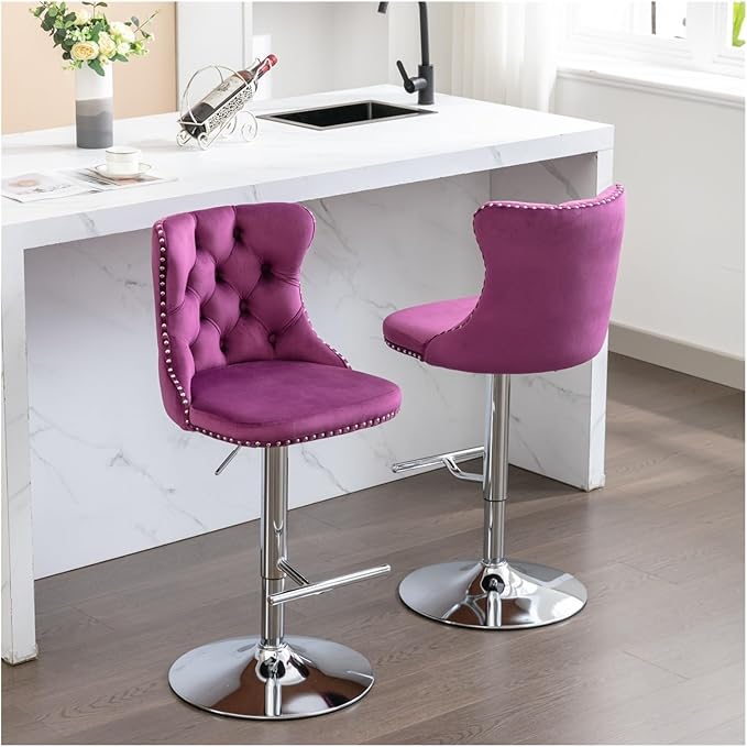 Swivel Velvet Barstools Adjusatble Seat Height from 25-33 Inch, Modern Upholstered Chrome Base Bar Stools with Backs Comfortable Tufted for Home Pub and Kitchen Island(Purple,Set of 2)