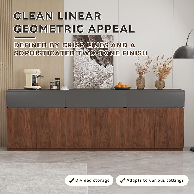 94.5"Buffet Cabinet with Drawer & Door, Console Table, Set of 3 Modular Stackable Sideboard Coffee Bar Cabinet with Adjustable Shelves, Matte Gray Walnut Storage Accent Credenza for Living Room