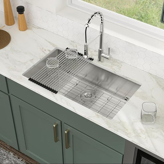 Logmey 33 Inch Undermount Kitchen Sink 33x19 Stainless Steel Sinks SUS304 16 Gauge Handmade Single Bowl Sinks With Round Corners 33x19x9