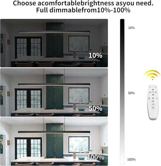 LED Linear Pendant Light Fixtures, 59'' Black Dimmable Island Light with Remote, 3000k-6000K Adjustable Color Temperature, Aluminum Chandelier Lamp Fixture for Kitchen, Dining Room, study room