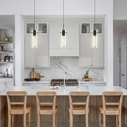 Glass Black Pendant Light, 3 Pack Modern Kitchen Island Pendant Lighting with Ribbed Glass, Adjustable Cord Minimalist Pendant Light for Over Island, Dining Room, Bathroom Bedroom