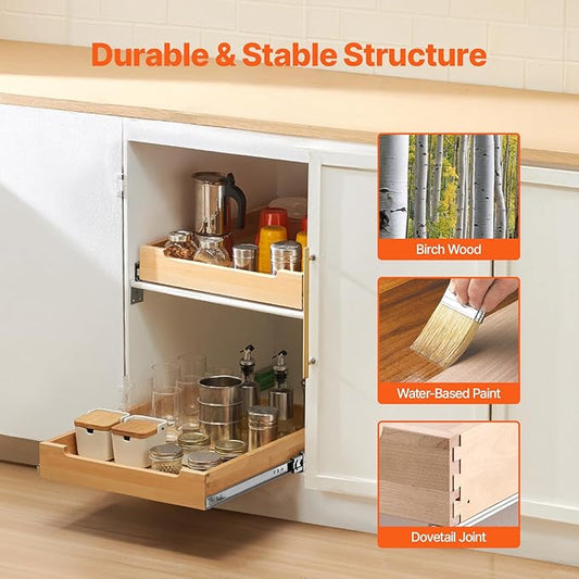 VEVOR Pull Out Cabinet Organizer, 17"W x 21"D Cabinet Drawer, Soft Close Slide out Shelf, Heavy-Duty Sliding Wood Drawer, Bottom Mount Size(17.5"W x 23"D)and Side Mount Size(18"W x 23"D)