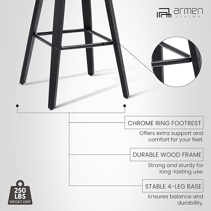 Armen Living Tyler 30" Bar Height Swivel Gray Faux Leather and Black Wood Bar Stool - Set of 3