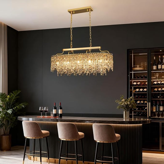 12-Lights Modern Gold Crystal Chandeliers for Dining Room Light Fixtures Over Table | L36" Luxury Crystal Chandeliers for Kitchen Island | Oval Hanging Lighting for Living Room Bedroom Bathroom