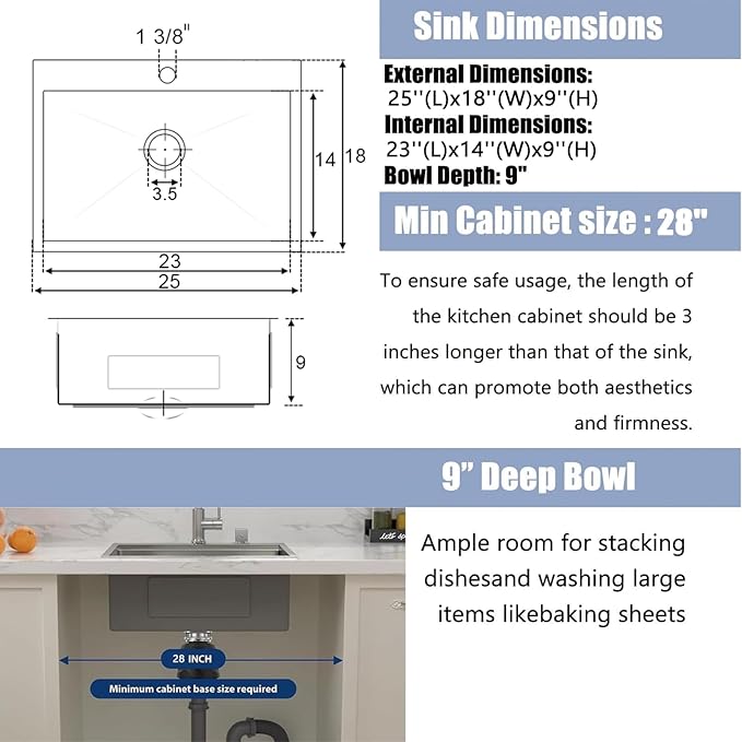 25x18 Inch Kitchen Sink Drop In, Topmount Kitchen Sink Stainless Steel Square Small Sinks, Single Bowl Kitchen Sinks For Laundry RV Office Outdoor Yard with Basket Strainer