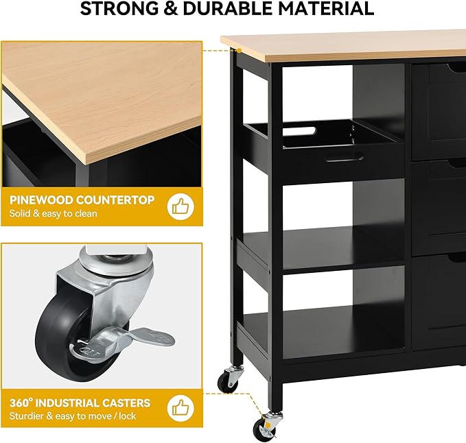DWVO Solid Wood Top Rolling Kitchen Island Cart, 3 Tier Mobile Kitchen Storage Island Cart with 3 Drawers and 3 Opening Storage Shelves for Kitchen & Dining Area, Black