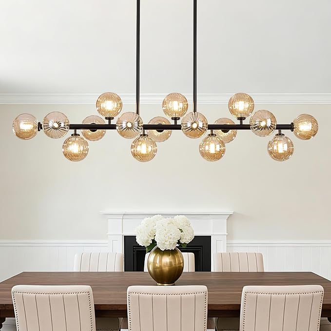 56 Inch Black Linear Chandeliers for Dining Room, Kitchen Island, Living Room, 16-Light Mid Century Modern Light Fixture Over Table, Large Amber Glass Globe Sputnik Bubble Chandelier