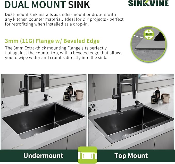 Drop-In Deep Laundry Sink 25 x 22 inch Black, SINKVINE Single Bowl Nano Stainless Steel Kitchen Sink for Outdoor and Indoor Top Mount, with Drain Strainer, Bottom Grid, Roll-up Drying Unit, Dark Gray