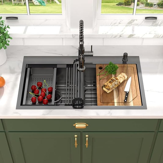 36 Inch Drop-In Double Bowl Kitchen Sink with Faucet, 16 Gauge 304 Stainless Steel 50/50 Low Divide Workstation All-In One Large Sink with Accessories Gunmetal Black #TL-FDOE00094
