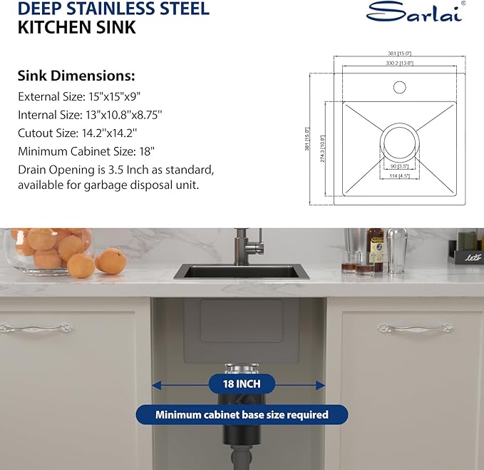 Sarlai 15 Black Drop Bar Sink - 15 x 15 Inch Bar Sink Drop In Topmount Square Gunmetal Black Stainless Steel 16 Gauge Single Bowl Drop Bar Prep RV Kitchen Sink