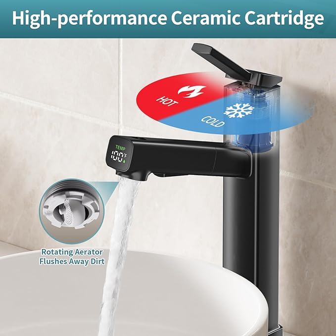 HANLIAN Single Handle Vessel Sink Faucet with Pull Out Sprayer, Tall Single Hole Bathroom Faucet with Digital Temperature Display, 3 Modes High Bathroom Vanity Faucets 1 Hole with Rotating Spout