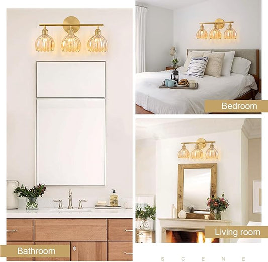 Gold Bathroom Light Fixtures Over Mirror, 3 Light Bathroom Vanity Light Fixture with Tulip Amber Glass Lampshade, Vintage Vanity Lights for Bathroom, Bathroom Vanity Lights Over Mirror