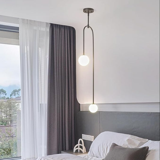 Modern Milk Glass Pendant Light 2 Light Mid Century Chandelier Small Glass Globe Black Pendant Lights for Kitchen Island Bedroom Dining (Metal Tube Removable, 2 Pack)