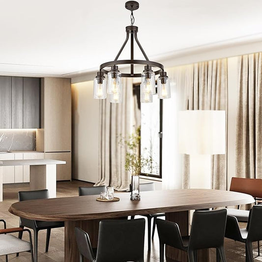 Wagon Wheel Chandelier Oil Rubbed Bronze Dining Room Lighting Fixture Hanging Farmhouse Chandelier 6 Light Kitchen Island Lighting with Glass Shade