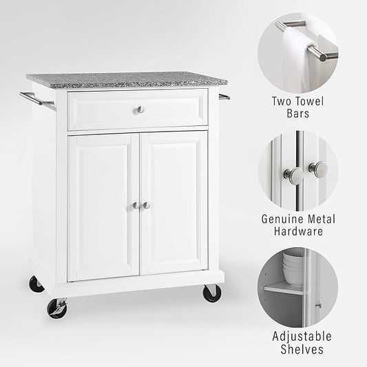 Crosley Furniture Compact Granite Top Small Rolling Cart with Shelves, Microwave Stand with Towel Rack, White