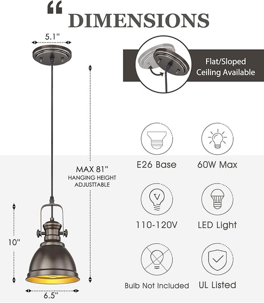 2 Pack Pendant Lights Kitchen Island, Farmhouse Hanging Lights Fixtures with Metal Shade, Rustic Kitchen Pendant Lighting Over Island for Dining Room, Oil Rubbed Bronze, AD-2151-1P2-ORB